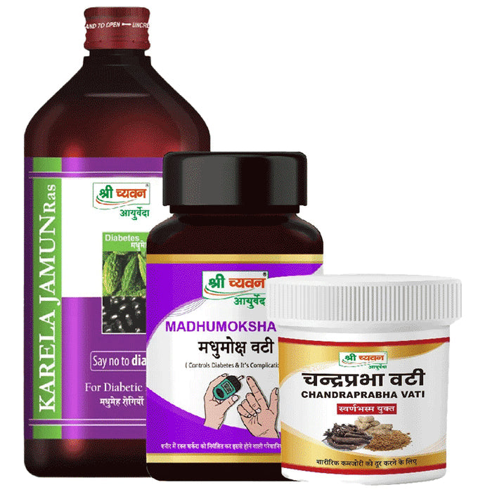 Shri Chyawan Combo Pack of Karela Jamun Ras (400ml Each), Madhumoksha Vati (60 Each) & Chandraprabha Vati (60 Each) - Nibasu