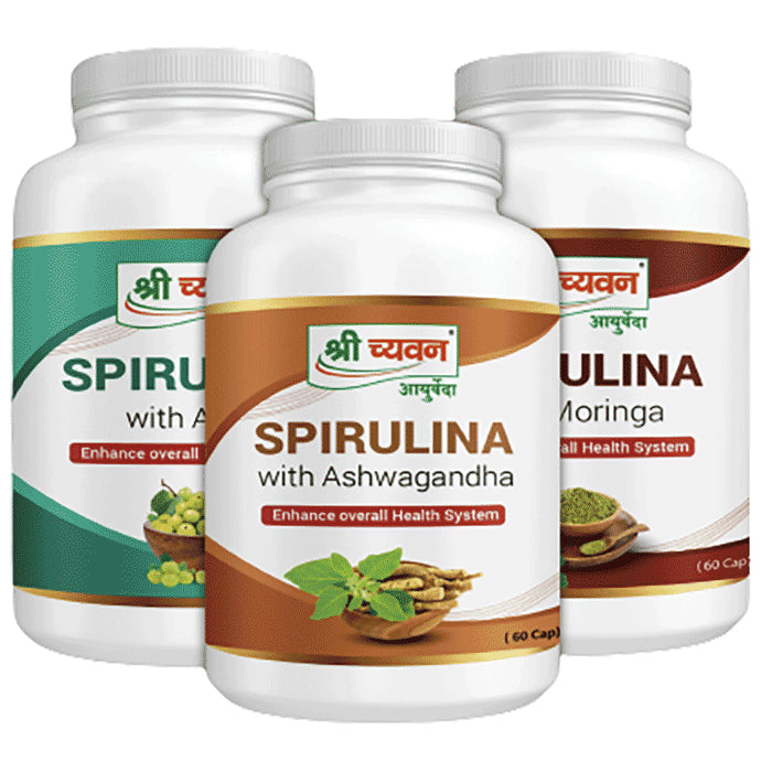 Shri Chyawan Combo Pack of Spirulina with Amla Capsules (60 Each), Spirulina with Ashwagandha Capsule (60 Each) & Spirulina with Moringa Capsule (60 Each) - Nibasu
