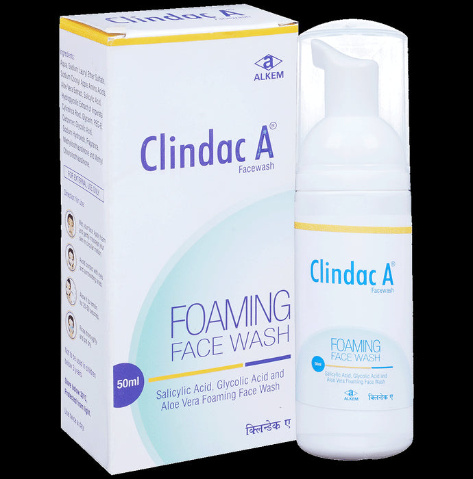 Clindac A Foaming Face Wash with Aloe Vera, Salicylic & Glycolic Acid | For Acne Prone, Dry Skin - Nibasu