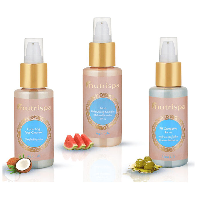 Nutrispa Combo Pack of Aqua Life Hydrating Face Cleanser, 24 hr Moisturising Complex SPF15 and PH Corrective Toner - Nibasu