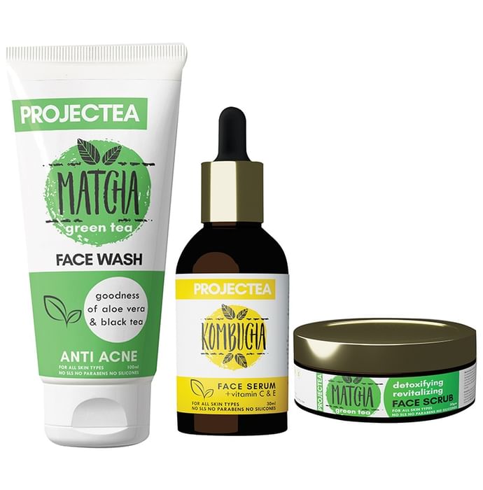 Projectea Combo Pack of Kombucha Face Serum 30ml, Matcha Green Tea Face Wash 100ml & Matcha Green Tea Face Scrub 50gm - Nibasu