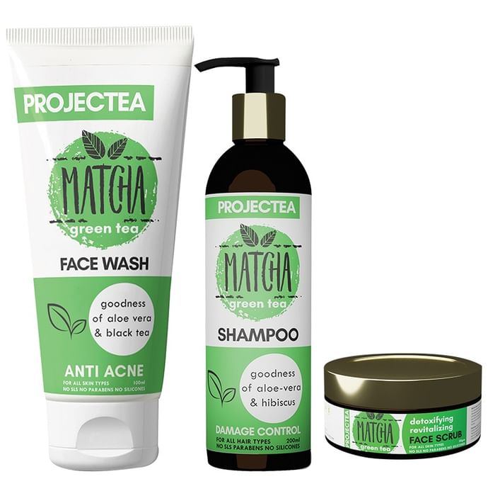 Projectea Combo Pack of Matcha Green Tea Face Wash 100ml, Shampoo 200ml & Face Scrub 50gm - Nibasu