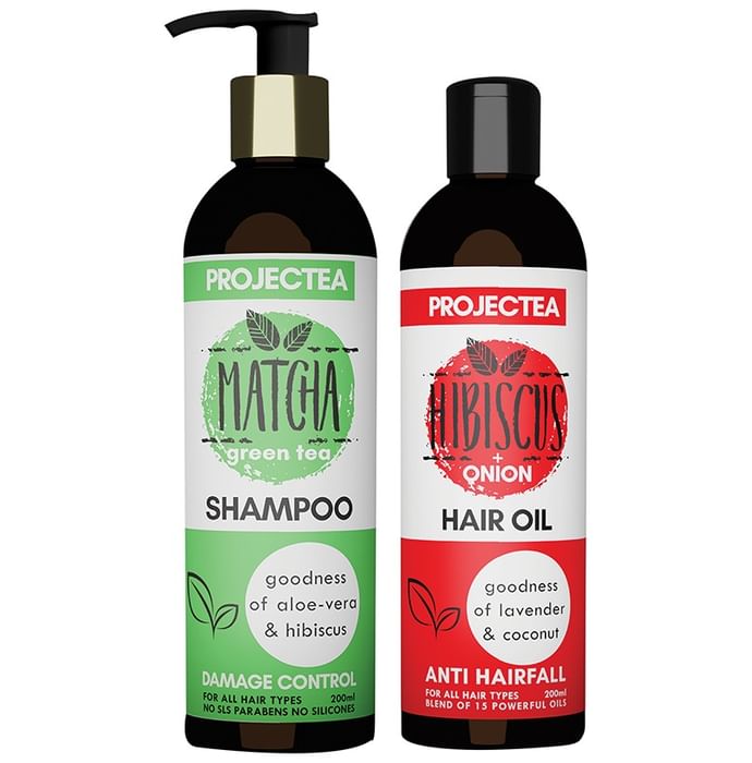 Projectea Combo Pack of Matcha Green Tea Shampoo & Hibiscus+Onion Hair Oil (200ml Each) - Nibasu