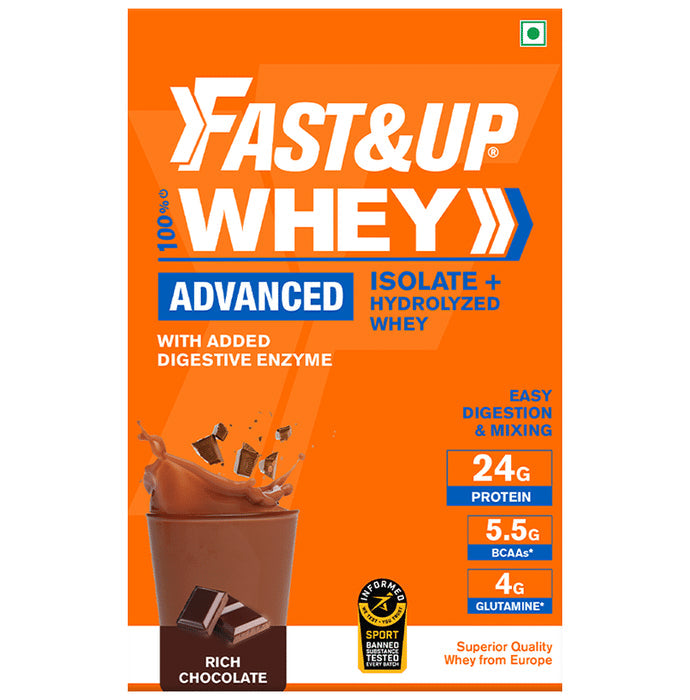 Fast&Up 100% Whey Advanced Isolate+Hydrolyzed Whey, 24g Protein + 5.5g BCAA + 4g Glutamine Rich Chocolate - Nibasu