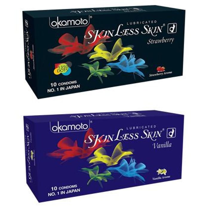 Okamoto Combo Pack of 10 Lubricated Skinless Skin Orange & 10 Strawberry Flavoured Pack - Nibasu
