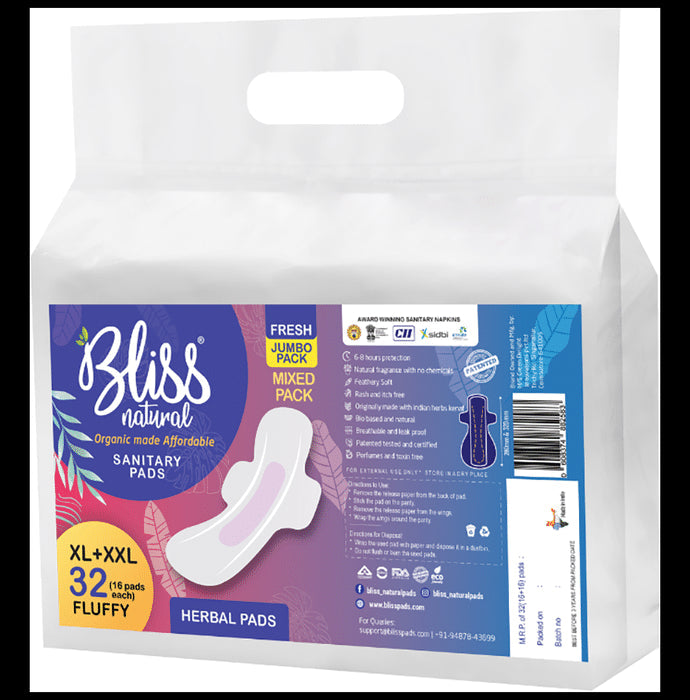 Bliss Natural Fluffy Herbal Sanitary Pad Pads XL + XXL - Nibasu
