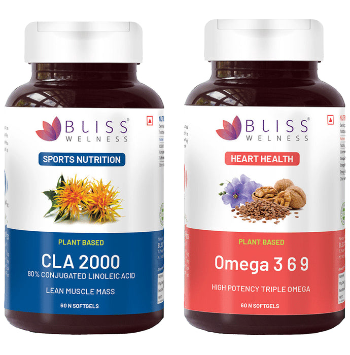 Bliss Welness Combo Pack of Weight Management CLA 2000 80% Conjugated Linoleic Acid & Heart Health Omega 3 6 9 High Potency Triple Omega Softgel Capsule (60 Each) - Nibasu