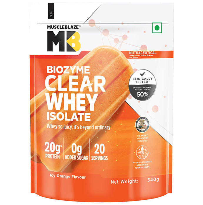 MuscleBlaze Biozyme Clear Whey Protein Isolate Powder Icy Orange - Nibasu