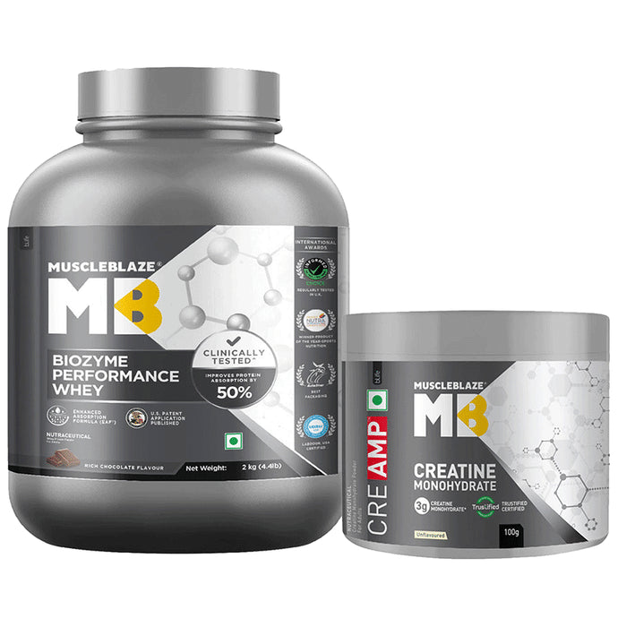 Muscleblaze Combo Pack of Biozyme Performance Whey Powder Rich Chocolate(2kg) & Creatine Monohydrate Unflavoured (100gm) - Nibasu