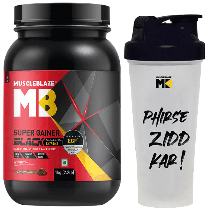 MuscleBlaze Combo Pack of Super Gainer Black with EGF Powder Chocolate Flavour 1kg and Shaker 650ml - Nibasu