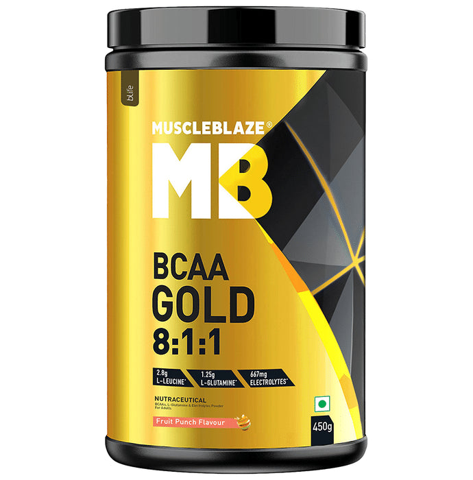 MuscleBlaze Fruit Punch BCAA Gold 8:1:1 with Leucine, Glutamine & Electrolytes | - Nibasu