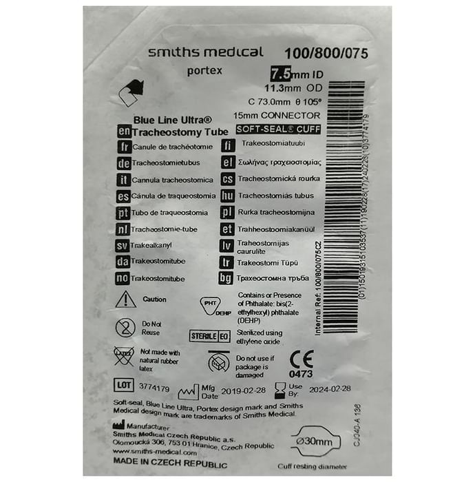 Blue Line Ultra 100/800/075 Tracheostomy Tube 7.5mm - Nibasu