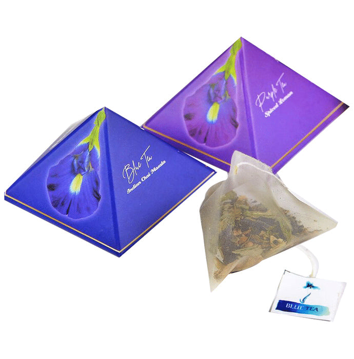 Blue Tea Herbal Tea Gift Box 9 Handcrafted Pyramid Tea Bags (Blue Tea Indian Chai Masala and Purple Tea Spiced Lemon) - Nibasu