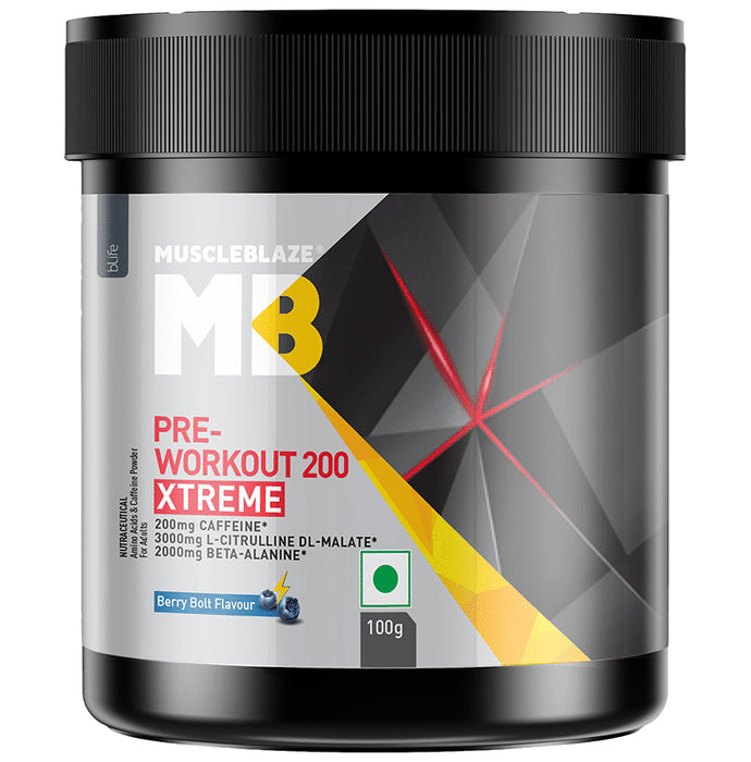 MuscleBlaze Pre-Workout 200 Xtreme | For Energy, Endurance & Muscle Pump | Powder Berry Bolt - Nibasu