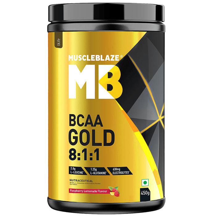 MuscleBlaze Raspberry Lemonade BCAA Gold 8:1:1 with Leucine, Glutamine & Electrolytes | - Nibasu