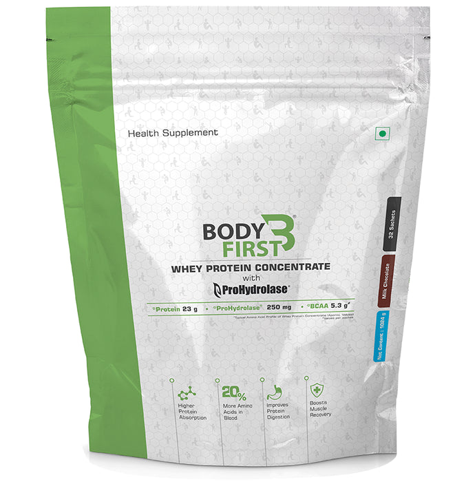 Body First Whey Protein Concentrate with ProHydrolase (32gm Each) Milk Chocolate - Nibasu