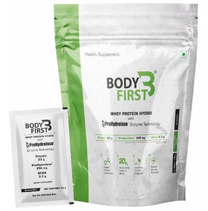 Body First Whey Protein Hydro with Prohydrolase Enzyme Technology Sachet (32gm Each) Brownie Mint - Nibasu