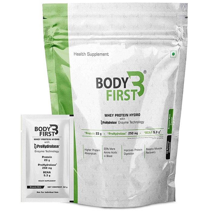 Body First Whey Protein Hydro with Prohydrolase Enzyme Technology Sachet (32gm Each) Brownie Mint - Nibasu