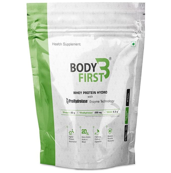 Body First Whey Protein Hydro with Prohydrolase Enzyme Technology Sachet (32gm Each) Kesar Badam - Nibasu