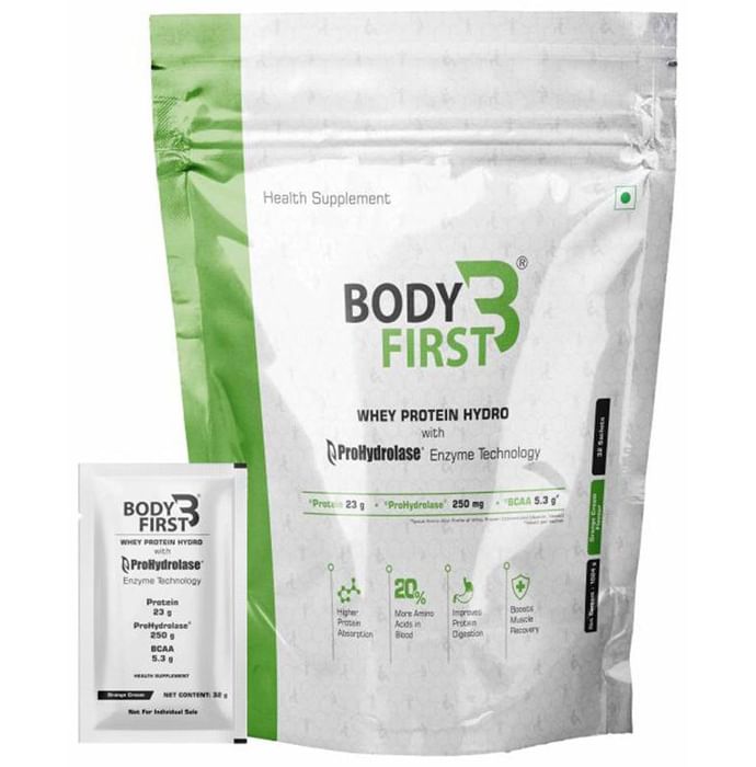 Body First Whey Protein Hydro with Prohydrolase Enzyme Technology Sachet (32gm Each) Orange Cream - Nibasu