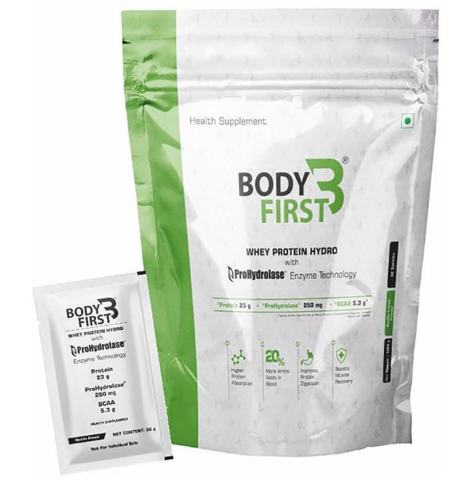 Body First Whey Protein Hydro with Prohydrolase Enzyme Technology Sachet (32gm Each) Vanilla Cream - Nibasu