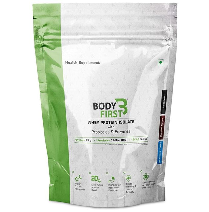 Body First Whey Protein Isolate with Probiotics and Enzymes (32gm Each) Chocolate - Nibasu