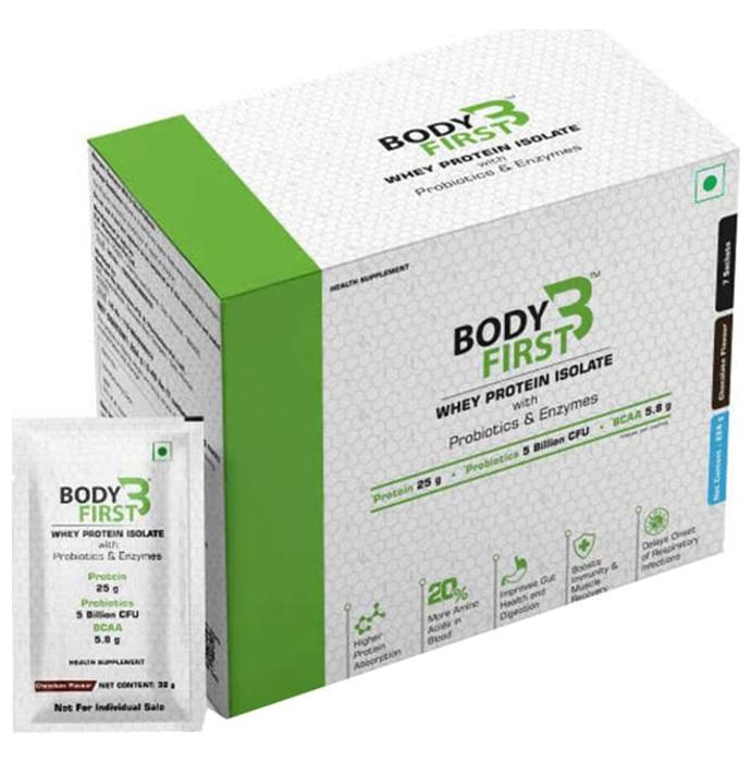 Body First Whey Protein Isolate with Probiotics and Enzymes (32gm Each) Chocolate - Nibasu