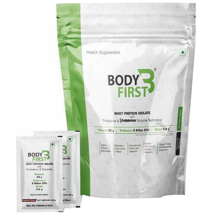 Body First Whey Protein Isolate with Probiotics and Prohydrolase Enzyme Technology (32gm Each) Chocolate - Nibasu