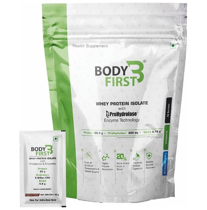 Body First Whey Protein Isolate with Prohydrolase Enzyme Technology (32gm Each) Unflavoured - Nibasu