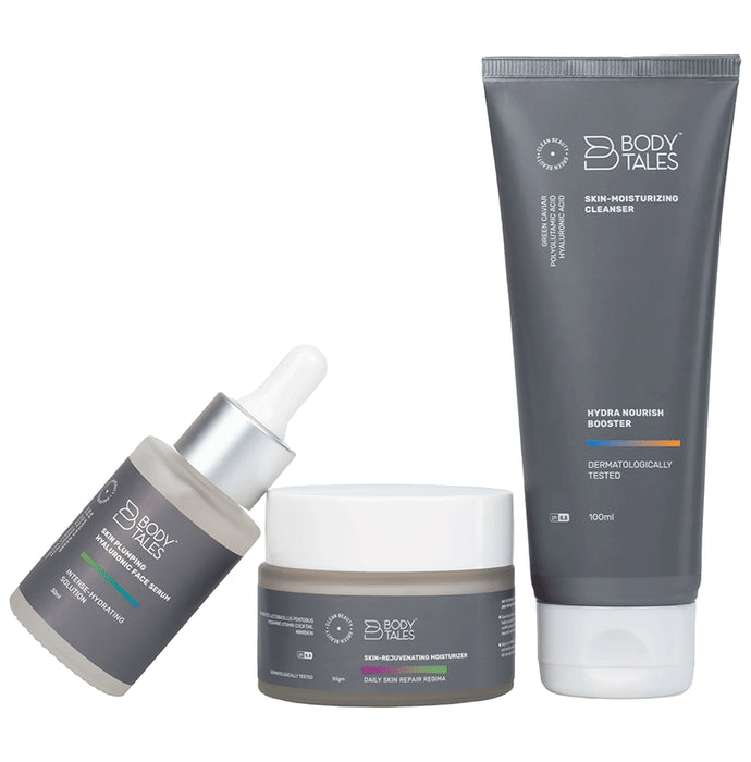 Body Tales Combo Pack of Skin Plumping Hyaluronic Face Serum (30ml), Skin Moisturizing Cleanser (100ml) & Skin-Rejuvenating Moisturizer (50gm) - Nibasu