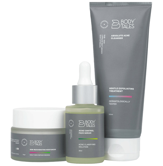 Body Tales Combo Pack of Skin-Rejuvenating Moisturizer (50gm), Acne Control Face Serum (30ml) & Absolute Acne Cleanser (100ml) - Nibasu