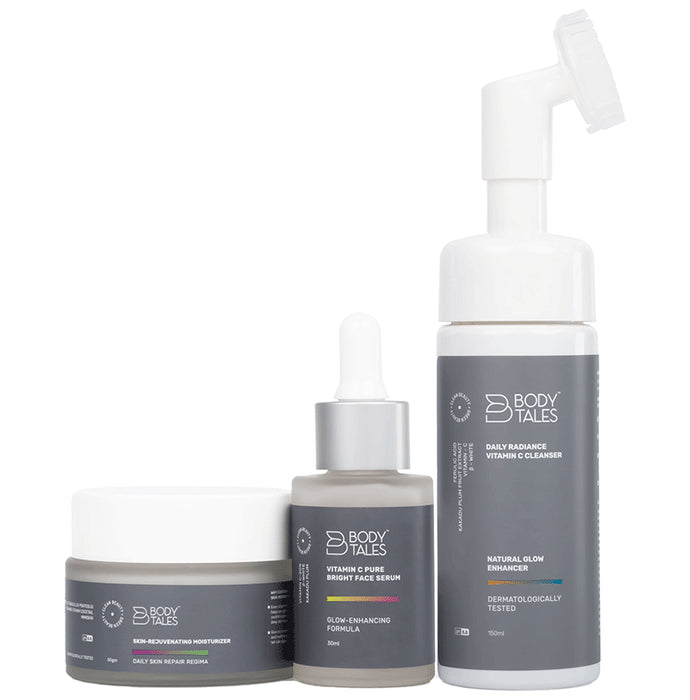 Body Tales Combo Pack of Vitamin C Pure Bright Serum (30ml), Daily Radiance Vitamin C Cleanser (150ml) & Skin-Rejuvenating Moisturizer (50gm) - Nibasu