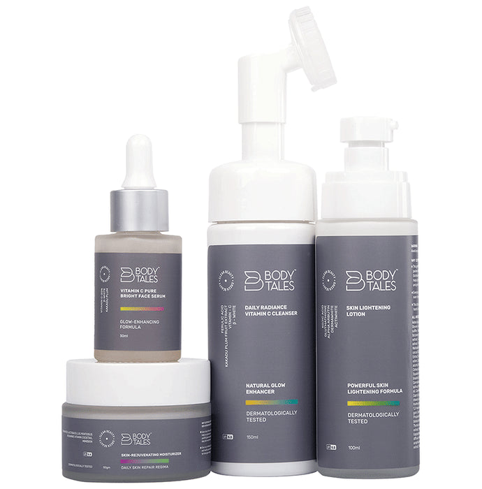 Body Tales Combo Pack of Vitamin C Pure Bright Serum (30ml), Skin-Rejuvenating Moisturizer (50gm), Daily Radiance Vitamin C Cleanser (150ml) & Skin Lightening Lotion (100ml) - Nibasu