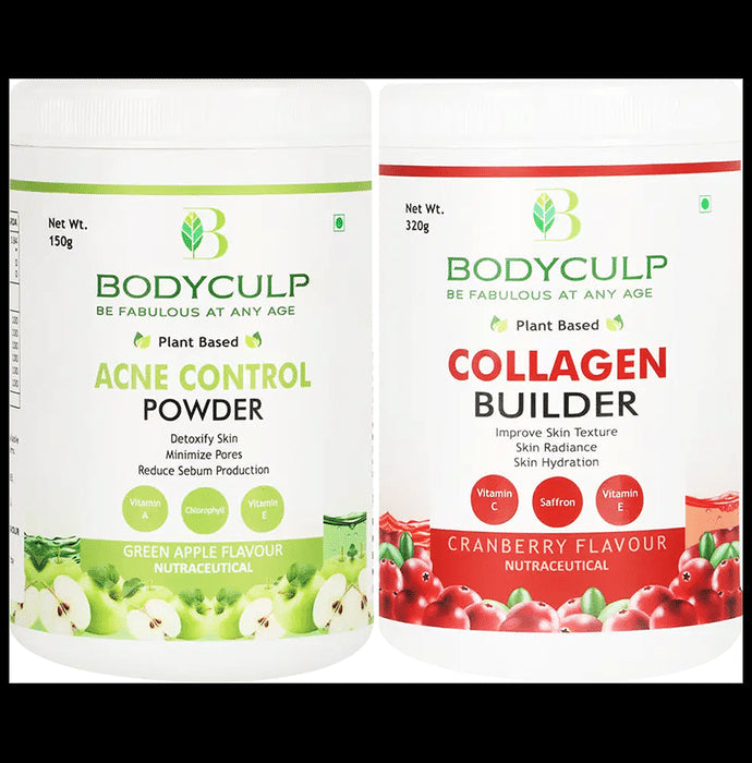 Bodyculp Combo Pack of Collagen Builder Powder Cranberry Flavour (320gm) & Plant Based Acne Control Powder Green Apple Flavour (150gm) - Nibasu