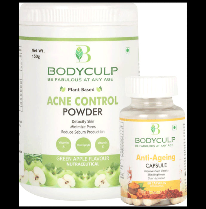 Bodyculp Combo Pack of Combo Pack of Plant Based Acne Control Powder Green Apple Flavour (150gm) & Anti-Ageing Capsules (60 Each) - Nibasu
