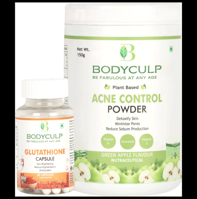 Bodyculp Combo Pack of Glutathione Capsules (60 Each) & Plant Based Acne Control Powder Green Apple Flavour(150gm) - Nibasu
