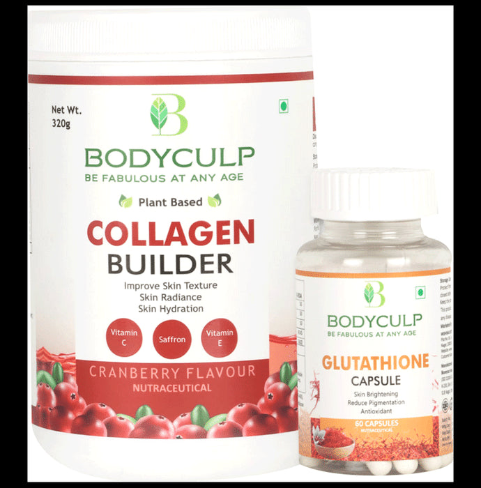 Bodyculp Combo Pack of Plant Based Collage Builder Powder Cranberry Flavour (320gm) & Glutathione Capsules (60 Each) - Nibasu