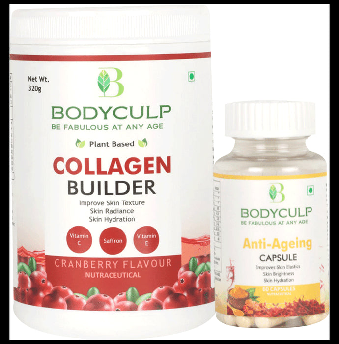 Bodyculp Combo Pack of Plant Based Collagen Builder Powder Cranberry Flavour (320gm) & Anti-Ageing Capsules (60 Each) - Nibasu