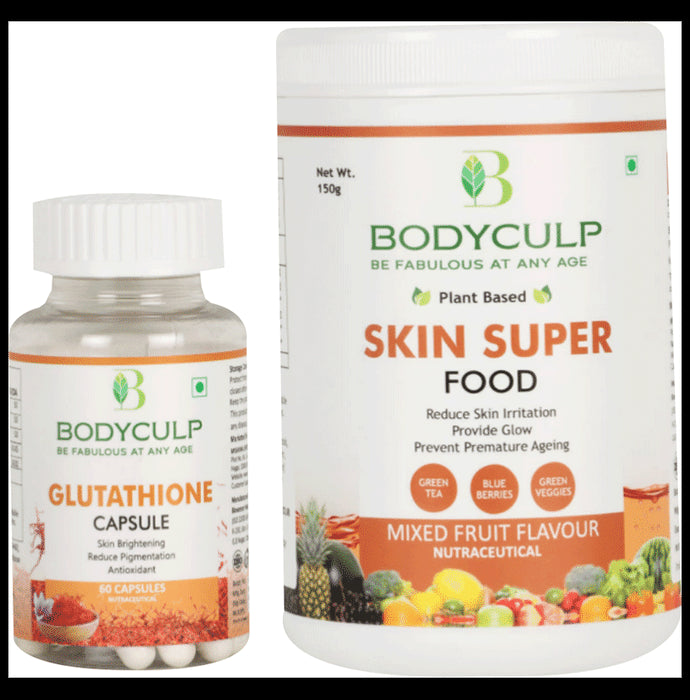 Bodyculp Combo Pack of Plant Based Skin Super Food Powder Mixed Fruit Flavour (150gm) & Glutathione Capsules (60 Each) - Nibasu