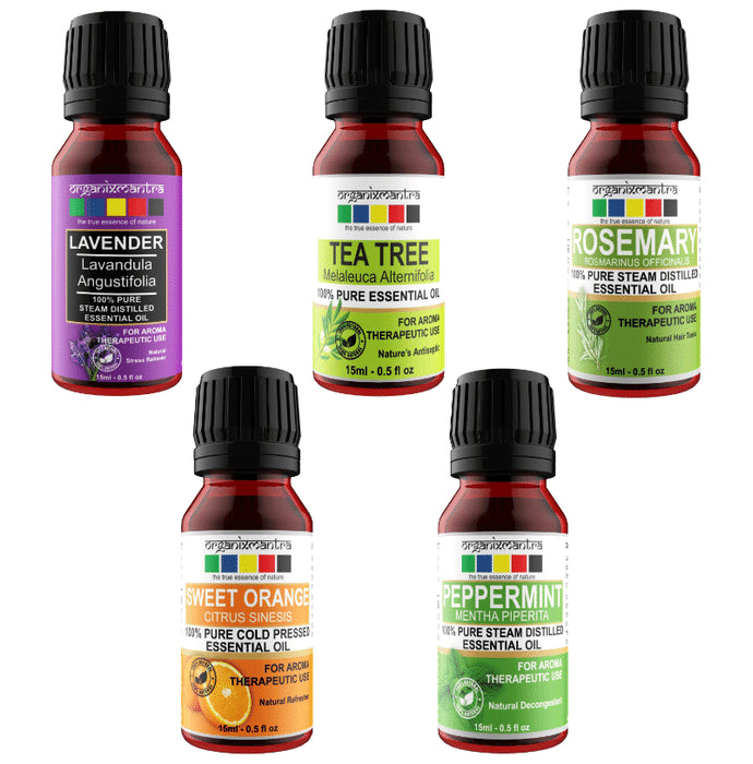 Organix Mantra Combo Pack of Lavender, Tea Tree, Rosemary, Sweet Orange and Peppermint Essential Oil (15ml Each) - Nibasu