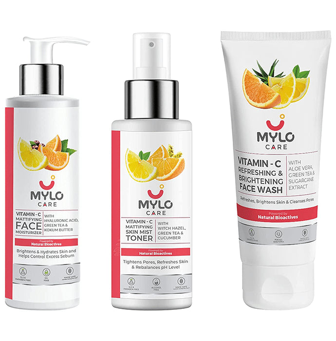 Mylo Combo Pack of Vitamin C Mattifying Face Moisturizer 100gm, Vitamin C Mattifying SKin Toner 200ml and Vitamin C Refrehing & Brightening Face Wash 100ml - Nibasu