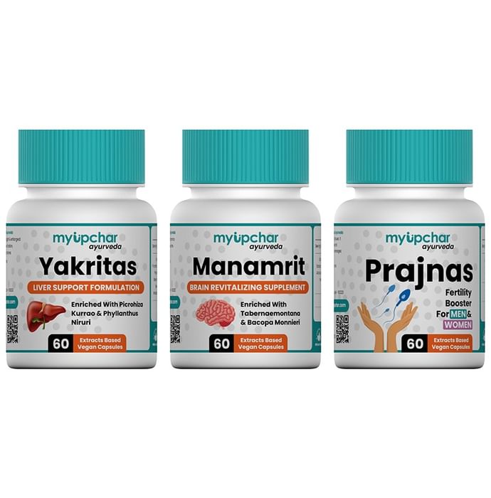 Myupchar Ayurveda Female Infertility Combo Pack of Yakritas Vegan Capsule, Manamrit Vegan Capsule & Prajnas Vegan Capsule (60 Each) - Nibasu