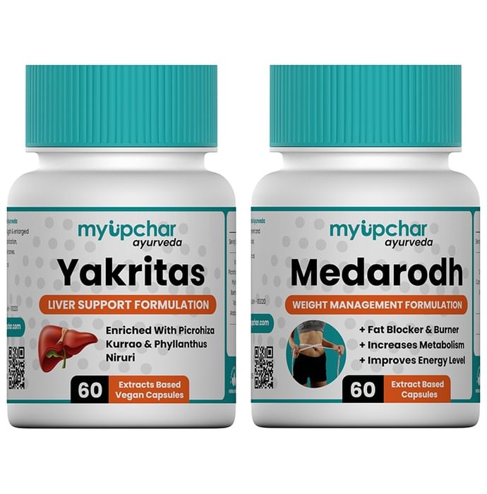 Myupchar Ayurveda Weight Management Combo Pack of Yaktiras Vegan Capsule & Medarodh Capsule (60 Each) - Nibasu
