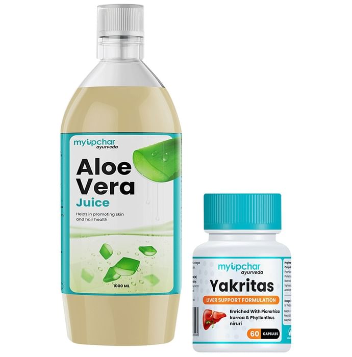 Myupchar Ayurveda Detoxification Kit of Yakritas Extra Based Vegan Capsule (60) & Aloe Vera Juice (1000ml) - Nibasu