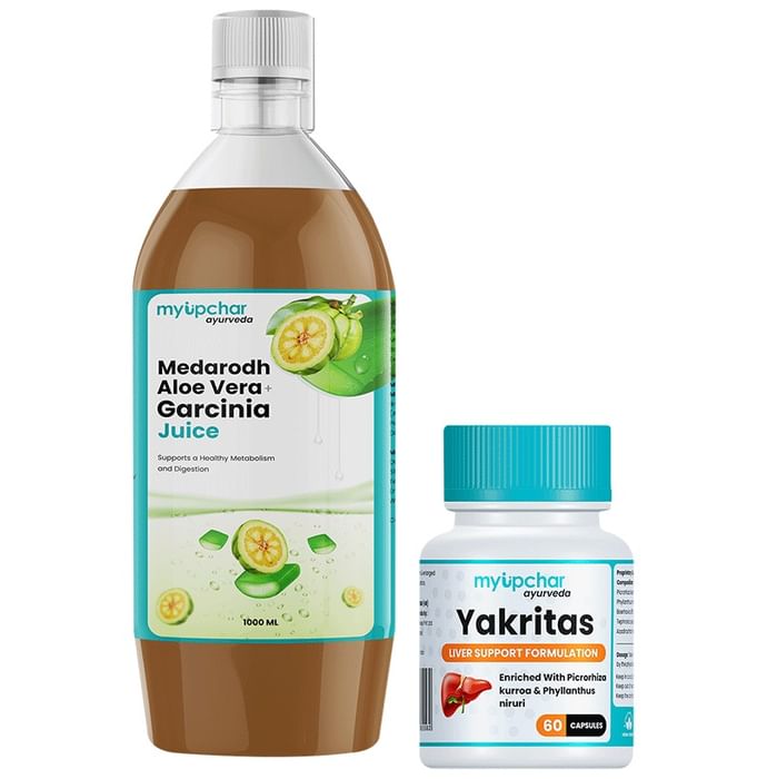 Myupchar Ayurveda Detoxification Kit of Yakritas Extra Based Vegan Capsule (60) & Medarodh Aloe Vera + Garcinia Juice (1000ml) - Nibasu