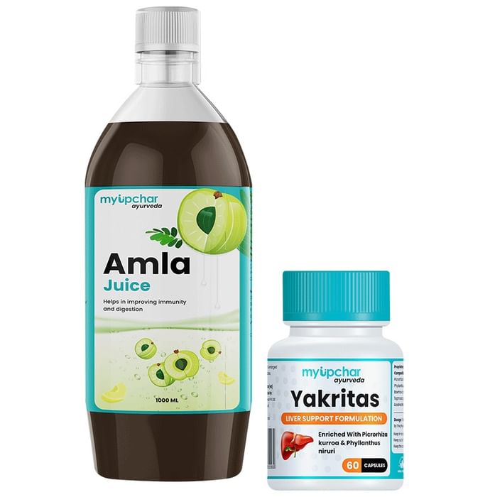 Myupchar Ayurveda Liver Detoxification Kit of Yakritas Extra Based Vegan Capsule (60) & Amla Juice (1000ml) - Nibasu