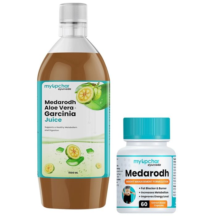 Myupchar Ayurveda Weight Loss Kit of Medarodh Extract Based Capsule (60) & Medarodh Aloe Vera + Garcinia Juice (1000ml) - Nibasu