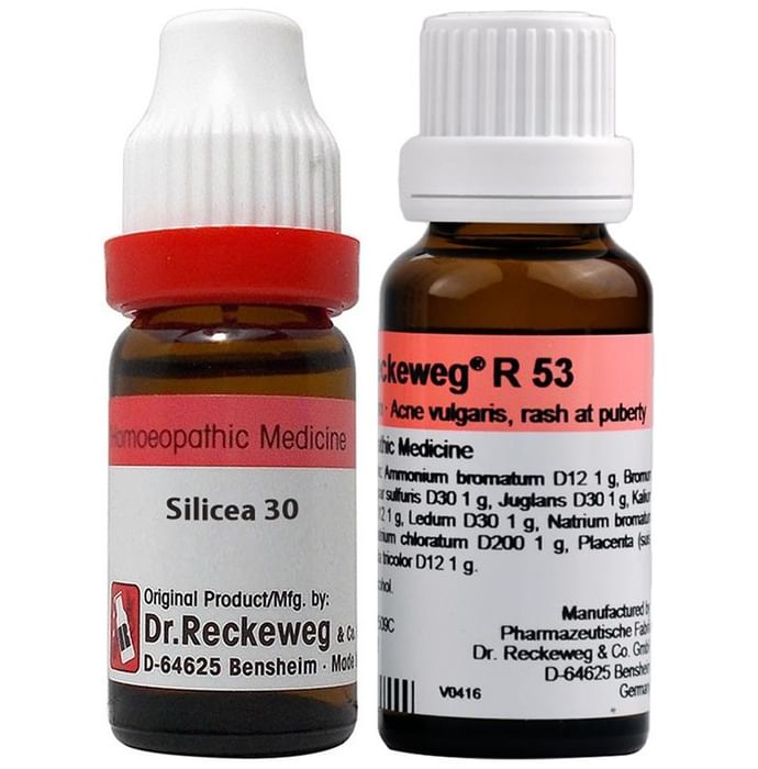 Dr. Reckeweg Pimple Care Combo Pack of Silicea Terra Dilution 30 CH 11ml & R53 Acne Vulgaris and Pimples Drop 22ml - Nibasu