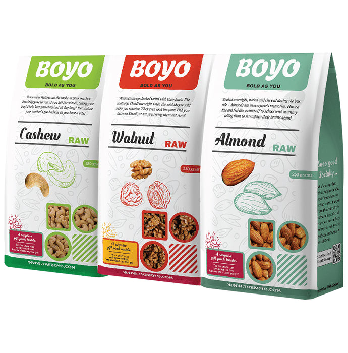 Boyo Combo Pack of Cashew Raw, Walnut Raw & Almond Raw (250gm Each) - Nibasu