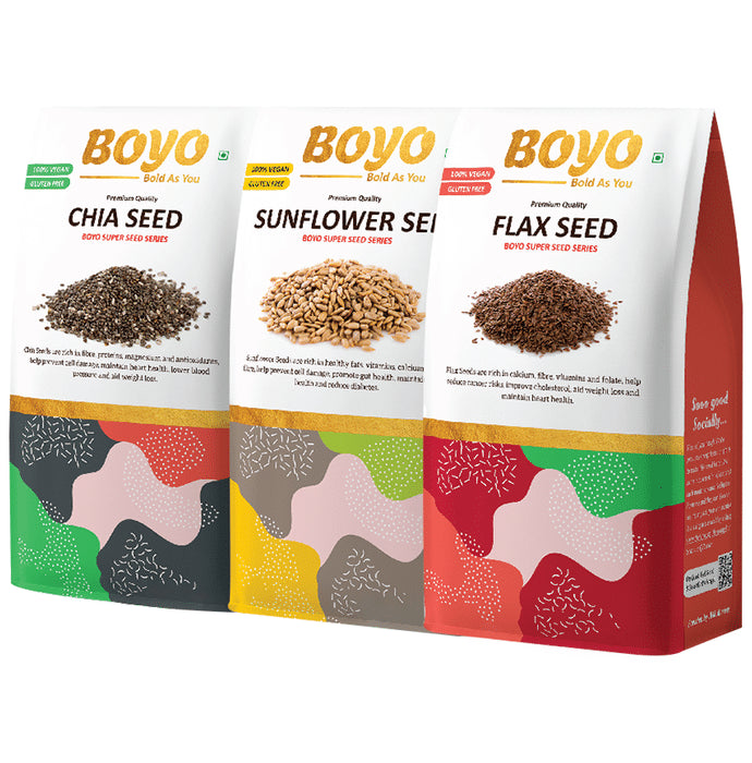 Boyo Combo Pack of Premium Quality Chia Seed, Premium Quality Sunflower Seed & Premium Quality Flax Seed (250gm Each) - Nibasu